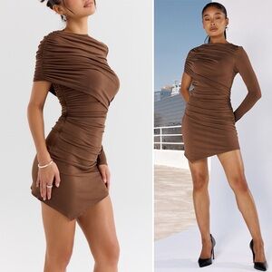 NWT Mistress Rocks Earth Gathered Chocolate Brown Mini Asymmetrical Mini Dress
